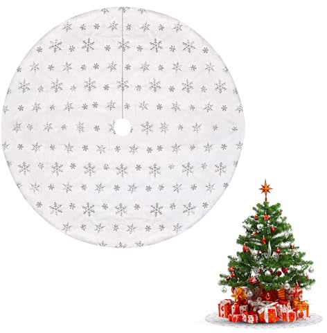 Trimming Shop Tappetino per base dell'albero di Natale in velluto bianco con fiocco di neve argentato, 1 metro, in velluto felpato, per decorazioni per feste di Capodanno e feste a casa