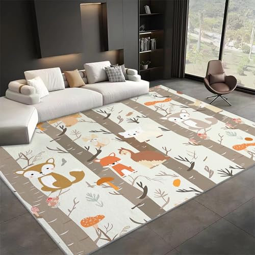 Generisch Teppich Waldtier Fuchs 80x150 cm Dekoration Schlafzimmer Kinderzimmer Wohnzimmer, Modern rutschfest Waschbar Flanell Kinderteppiche Fußmatten