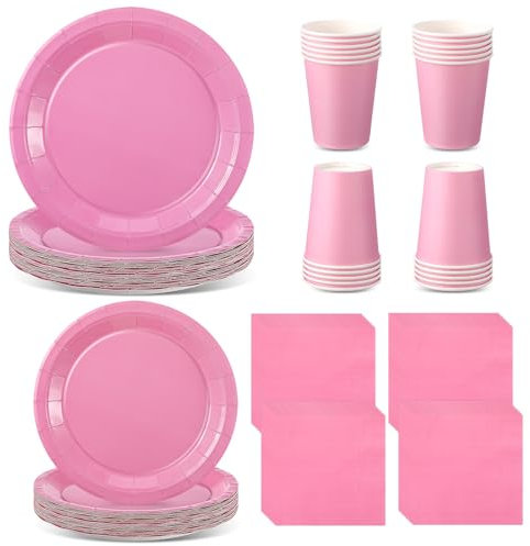 saerryor 100 Pcs Pink Party Tableware, Pink Paper Plates Cups and Napkins, Disposable Plates for Parties, Pink Party Decorations for Birthdays Holidays Wedding Kids' Party