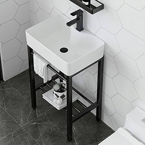 Fregadero de cerámica blanca con pedestal de baño con patas de metal de acero inoxidable, lavabo independiente de porcelana, lavabo rectangular con estante de almacenamiento (tamaño