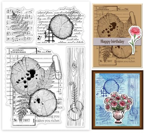 GLOBLELAND Jahresringe Hintergrund Transparente Silikonstempel Farn Blätter Klare Stamps Pflanzen Silikonstempel Für Kartengestaltung DIY Prägung Journaling