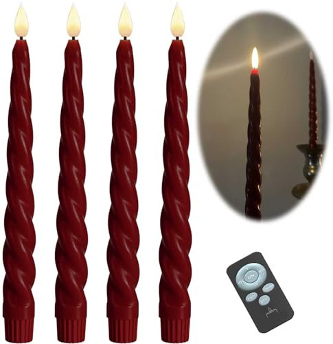 LS-LebenStil LED 3D Stabkerzen 4´er Set Rot Twist gedreht 26cm Echtwachs mit Dimmer Timer-Funktion Fernbedienung flackernde flammenlose Kerze Tafelkerze Spitzkerze Echtwachs-Kerzen