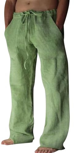 Puimentiua Leinenhose Herren,Lang Leichte Sommerhose,Sommer Leinen Hosen,Loose Fit Baumwollehosen mit Tunnelzug und Taschen (Grün,XL)