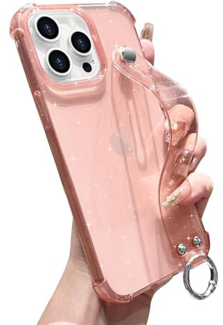 LLZ.COQUE for iPhone 13 Pro Glitter Case, Adjustable Hand Strap Stand Clear Cover for Girls Women, Transparent Four Corners Drop Protection Shockproof Phone Case for iPhone 13 Pro, Pink