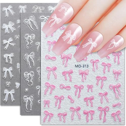 Schleifen Nagel Sticker 3 Stück Nagelsticker Schleife Weiß Rosa Nagelaufkleber Schleifen 3D Nail Stickers Bows für Nagelkunst Charms, Nageldesign Zubehör