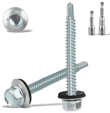 Lot de 110 vis autoperceuses à tête hexagonale pour toiture avec rondelle d'étanchéité en caoutchouc avec douille hexagonale, plaque en zinc 5,5 x 50 mm