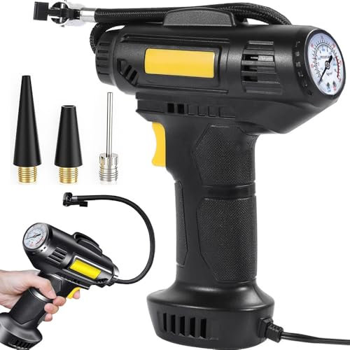 Gonfiatore Aria Portatile con Luce LED, Presa 12V Accendi Sigari, Gonfiaggio Gomme Auto, Compressore Moto Bici Mountain Bike, Pistola 3 Adattatori, Palloni Calcio, Materassino Mare Vacanza.