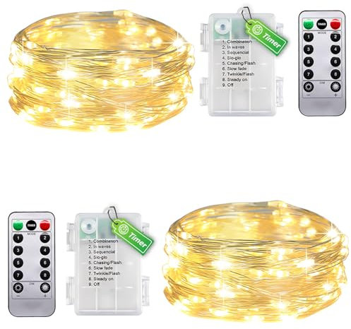 taiyongkang Confezione da 2 luci di filo per interni con timer e telecomando, 6 m, 50 LED, luce bianca calda, piccola catena luminosa per camera da letto, Natale, matrimonio, utilizzabile anche