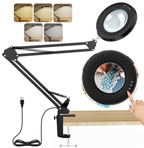 RealPlus 10X Lupe mit Licht, 4.1 in LED Lupenleuchte mit Klemme, Schwarz | 144 LEDs, 3000K-6500K Farbtemperatur, 5 Einstellbare Farben und 10 Helligkeitsstufen, mit USB Adapter