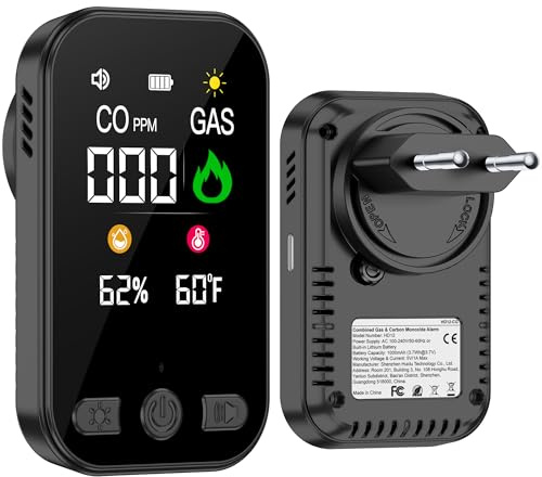 Gedsffati Rilevatore di Gas e Monossido di Carbonio con Spina per Casa, Allarme di CO, Rivelatore di Gas Combustibile per Gas Naturale LPG Metano Propano Butano, Nero, HD12-CG