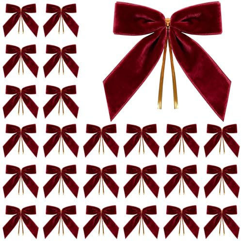 Miaikoe 24 Stück Samt Weihnachtsbögen für Weihnachtsbaum, Girande, Geschenkverpackung, Handwerk, Hochzeit, Twist Krawatte Bögen für Home Holiday Dekor (Breite von 2,5 CM, 8,9 x 8,9 CM, Burgund)