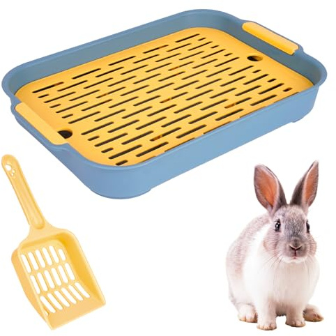 Kaninchentoilette mit Schaufel, Kaninchen Zubehör, Hasentoilette, Kaninchen Toilette, Katzentoilette, Doppelschicht Gitterrost Ecke Klo für Hasen Hamster Meerschweinchen Kleintier (Blau)