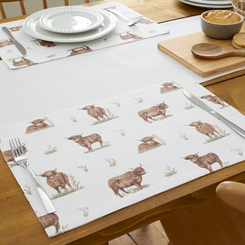 Catherine Lansfield Angus Highland Cow Cotton 30x46cm Dining Placemat 4 Pack Natural