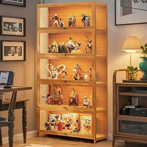 llekondkf 5-stöckige Vitrine mit Acrylglastür, 165 cm hohe Vitrine, transparenter Curio-Schrank & Bücherregal für Sammlerstücke, Bücher, Spielzimmer, Schlafzimmer, Arbeitszimmer (braune Klapptür)