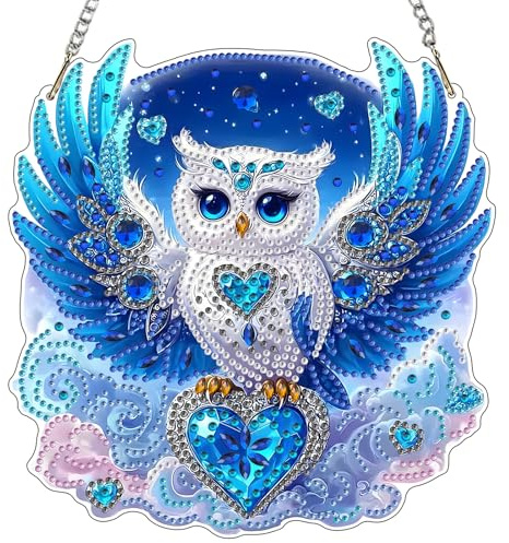 MXJSUA Blaue Eule Diamond Painting Anhänger mit Kette Erwachsene, Diamant Painting Fensterbilder Hängende Ornament Bastelset Set für Wand Und Eingang Decor 20x20CM