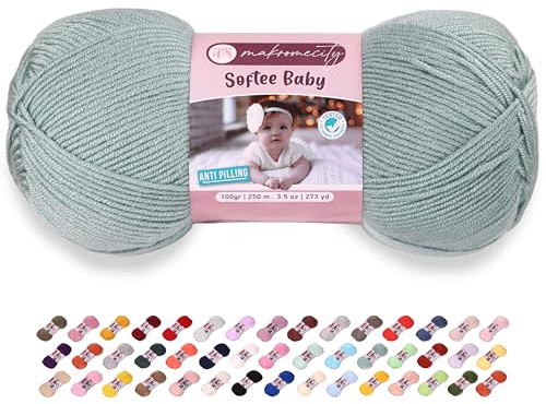 Makromecity Softee Baby Garn, 100% Anti-Pilling Acryl, 100 g, 250 m, weiches Premium Garn zum Häkeln und Stricken, Baby-Strickjacken, Decken, Mützen und Babyschuhe (Kreppgrün, 1 Strang)