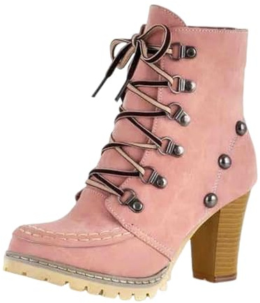 Damen Vintage Schnürstiefeletten Wildleder Gestapelt Holzabsatz Combat Style Round Toe Top Nieten Wandern Wide Fit Stiefel 2026, rose, 39 EU