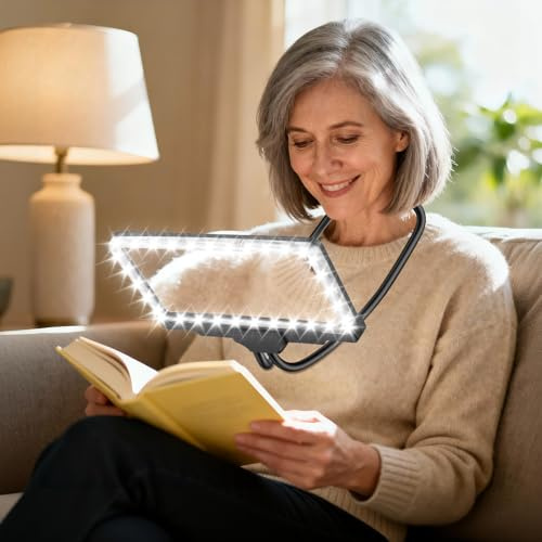 NZQXJXZ 5X Hands Free Lupe mit Licht hängenden Hals, 36 LED Flexible Schwanenhals Full Page Vergrößerungsglas, 20cm große Lupe für das Lesen von kleinen Drucke & Low Vision Senioren