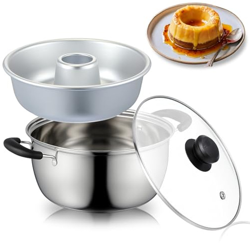 LemonRoad Thicken Stainless Steel Double Boiler with Aluminum Flan Inner Mold and Glass Lid for Making Ring Cake, Pudding, Melting Chocolate, Custards Baking Supplies (2.7 Qt)