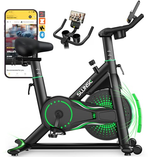 Velo d appartement, SLUNSE Velo d'appartement pour la Maison, Silencieux Vélo de Fitness d'Intérieur avec Résistance Réglable, APP, Support d'haltères, Écran LCD, Siège Confortable, Capacité 180KG