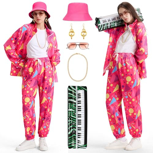 Cheffery 80er Trainingsanzug Damen, 80er 90er Jahre Outfit Damen, 80er Retro Tracksuit Sportbekleidung mit Aufblasbares Klavier, Gläser, Ohrringe, Karneval Kostüm Jogginganzug Sportanzug Set (M)