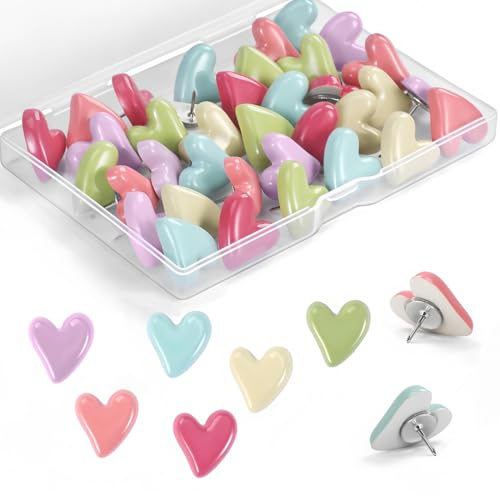 OPVYAEU Set 30 Puntine a Forma di Cuore, puntine color pastello per lavagna sughero, DIY, decorazioni casa, ufficio, cameretta e progetti creativi