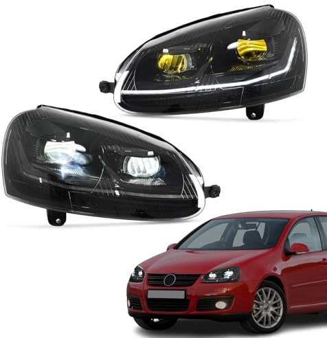 Archaic Scheinwerfer kompatibel mit VW Golf 5(2003-09)&Jetta 1k2(2005-10) | VOLKSWAGEN GTI/RABBIT 2006-2009,Frontlichter mit Animation DRL,Mit E-Prüfzeichen,Nur kompatibel mit Halogen-Version