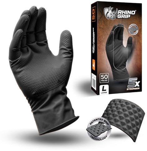 RHINO GRIP Nitrile Gloves - Heavy Duty Disposable Gloves, Diamond Grip Black Gloves - Powder-free & Latex Free Nitrile Gloves, Extra Thick & Ultra Tough Gloves (Large)