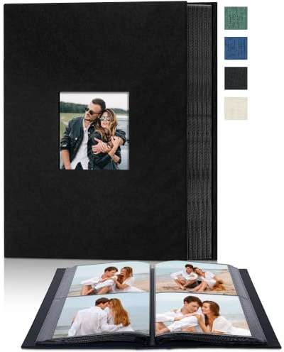 Remowith Stoff-Fotoalbum 10x15 200 Fächer mit Sichtfenster vorne, Schwarz | Hohe Kapazität, Horizontale Einschübe, Säurefreie Seiten, Staub- Und Wasserdicht, Für Familien- Und Reisefotos
