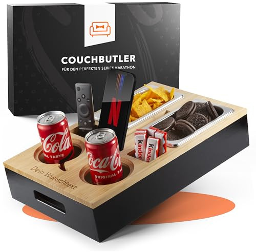Couchbar Snackbox aus Bambus – Couch Bar Personalisierbar inkl. Geschenkbox | Sofa Tablett mit 2 Snackschalen, 2 Getränkehalter mit Untersetzer, magnetischer Deckel & Handyhalterung, mit Gravur