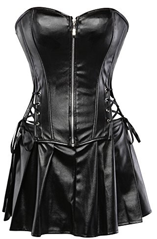 Grebrafan Damen Kunstleder Korsett Corsage mit Rock Gothic | Steampunk Piraten Kostüm Damen