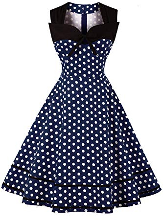 AXOE Damen Rockabilly Kleid 50er 60er Jahre Vintage Elegant Festlich Cocktailkleid für Hochzeitsgast Marineblau mit Weißen Punkten, Gr. 48, 4XL