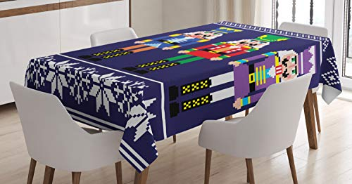 Lunarable Nussknacker-Tischdecke, buntes Retro-Muster mit Weihnachts- und skandinavischen Motiven, rechteckige Tischabdeckung für Esszimmer, Küche, 132,1 x 177,8 cm, Indigoweiß
