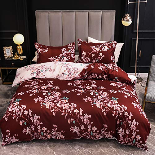 Boqingzhu Bettwäsche 220x240cm King Size Blumen Rosa Rot Weiß Wende Bettwäsche Set Microfaser 1 Bettbezug und 2 Kissenbezüge 80x80cm mit Reißverschluss