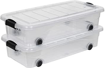 Kreher 2 Stück Rollbox Unterbettbox mit Deckel 30 Liter in Transparent (einsehbar). Maße: 78 x 39,4 x 17,7 cm