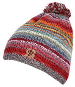 Pachamama Damen Wollmütze mit Bommelmütze, Sherpa-Fleece, gefüttert, handgestrickt, gestreift, rot, mehrfarbig, Einheitsgröße, handgefertigt, extra warm, Fair Trade, Rot, Blau, Gelb, Grau, Mehrfarbig,