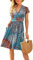 CLOUSPO Damen Sommerkleider Kurzarm Elegant V-Ausschnitt Boho Strandkleider Knielang Rüsche Retro Casual A-line Freizeit Kleider mit Taschen(Blumen D, M)