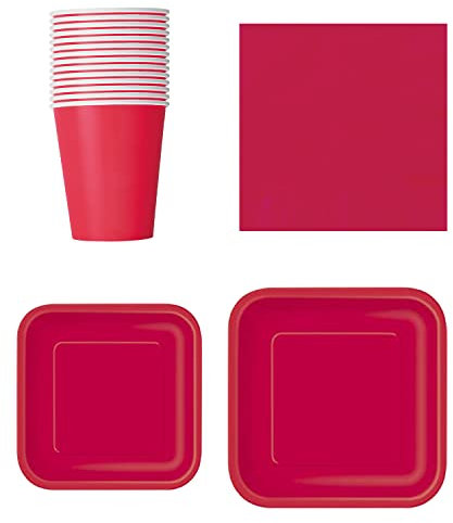 WedDecor 64 juegos de vajilla de papel, platos de papel desechables cuadrados, tazas y servilletas, perfectos para picnics, barbacoas, cumpleaños, baby shower, eventos de boda y Navidad, rojo rubí