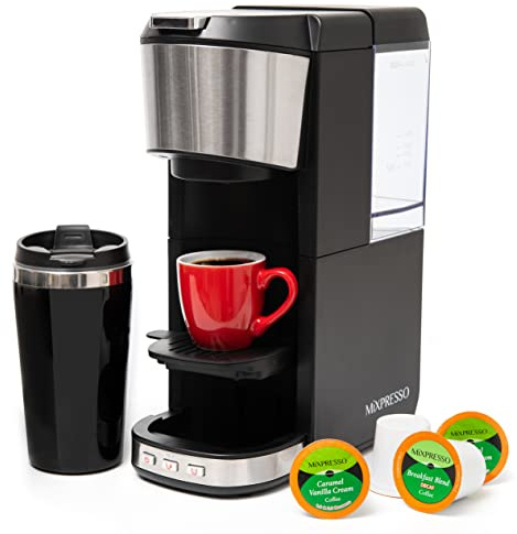 Mixpresso 2-in-1 Kaffeebrauer für gemahlenen Kaffee und K Cup Pods mit 400 ml Reisebecher