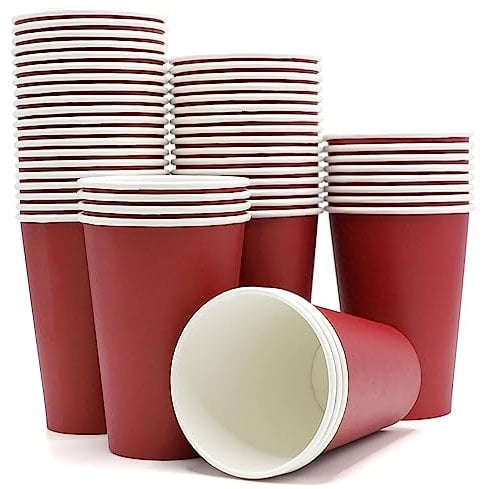 ALLFYL Disposable Paper Cups 10oz Disposable Cups Strong Red Coffee Cups for Hot Drinks 50 Eco Paper Coffee Tea Cups for Party Cafe Work Home or Outdoors