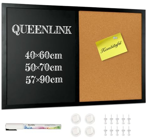 QUEENLINK Kombitafel mit Magnetische Kreidetafel und Pinnwand Kork 40 x 60 cm Pinnwand Küche Magnettafel Memoboard