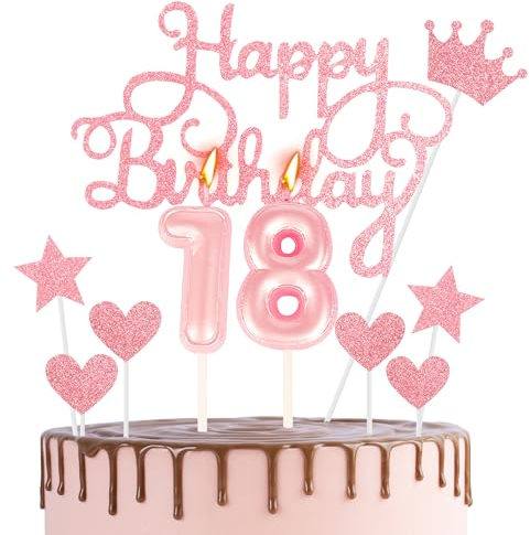 Happy 18th Birthday Cake Topper & Birthday Candle Pink Number 18 Candles for Birthday Cake - 18th Birthday Candles Cake Cupcake Topper Birthday Cake Decorations for Girls Birthday Party Pink