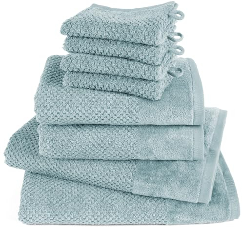 Pure Label 8-TLG. Handtücher Set mit Aufhängeschlaufen aus 100% Baumwolle, saugstark und weich - 2X Badetuch (70x140 cm) 2X Handtuch (50x100cm) 4X Waschlappen (16x21 cm), Türkis