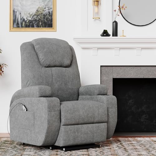 Flamaker Sessel mit Aufstehhilfe elektrisch senioren - Komfortabler Massagesessel, Relaxsessel & Fernsehsessel - Ideal für Wohnzimmer und Schlafzimmer, 2 Seitentaschen(Baumwolle, Grau)