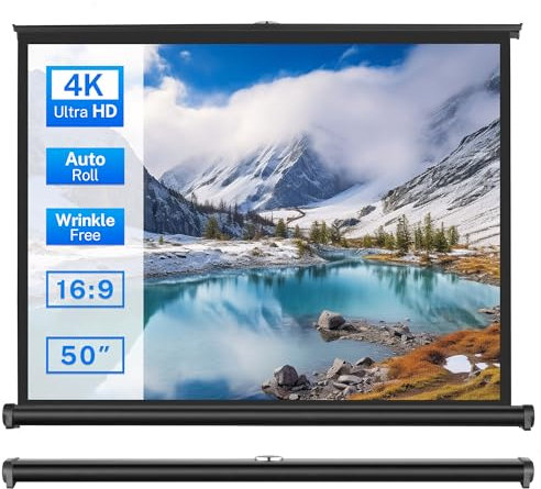 50 inch Small Projector Screen, Goldengrainv Retractable Pull Up Screen, Floor Projector Screen, 16:9 4K Portable Screen for Projector, Roll Down Movie Screen for Gaming Indoor, Mini White Screen