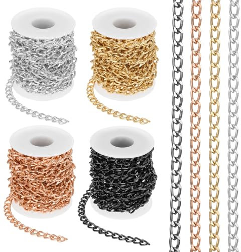 PATIKIL Chaînes de Trottoir en Aluminium de 65,6 Pieds avec Maillons Torsadés, 4 Rouleaux de Chaîne de Trottoir de 10x7mm pour la Fabrication de Bijoux, Or/Argent/Or Rose/Noir