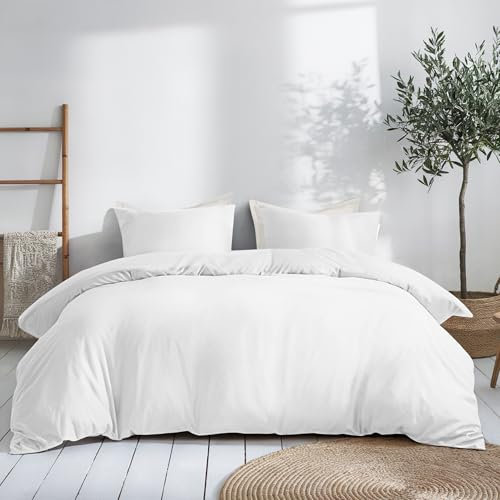 Dreamzie Bettwäsche Set 200x220 Mako Satin - Weiß - Bettbezüge 200x220 cm mit 2 Kissenbezüge 80x80 cm - Oeko-Tex Zertifiziert - Bettwaren Bettwäsche 200x220 Baumwolle 3teilig