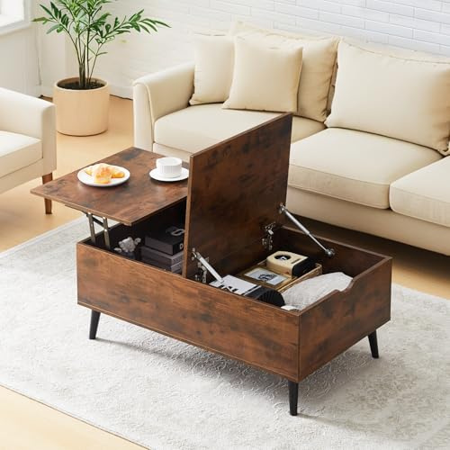 CLIPOP Couchtisch höhenverstellbarer,Versenkbarer Wohnzimmertisch, Hubplatte, Beistelltisch mit Verstecktem Fach, Sofatisch aus Holz,Braun für Wohnzimmer, Büro