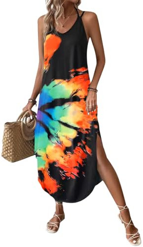 Chicrise Sommerkleid Damen Ärmellose V-Ausschnitt Maxikleid Lässig Lang Freizeitkleid Leicht und Luftig Elegant Mehrfarbig X Groß 46-48