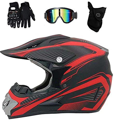 Volles Gesicht MTB Motocross Helm, mit Brille Handschuhe Maske, Jugend Kind Offroad Motorrad ATV Helme, Bergab Enduro-Rennen Quad Dirtbike Helm(Red,XL/58-59CM)